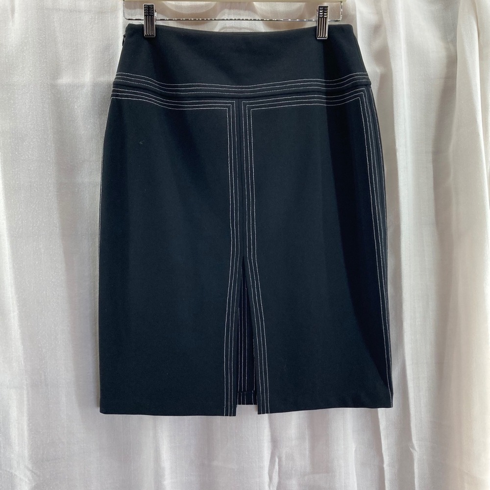 Express Black Pencil Skirt White Stitching Career‎ Business Professional NWT - Picture 2 of 5